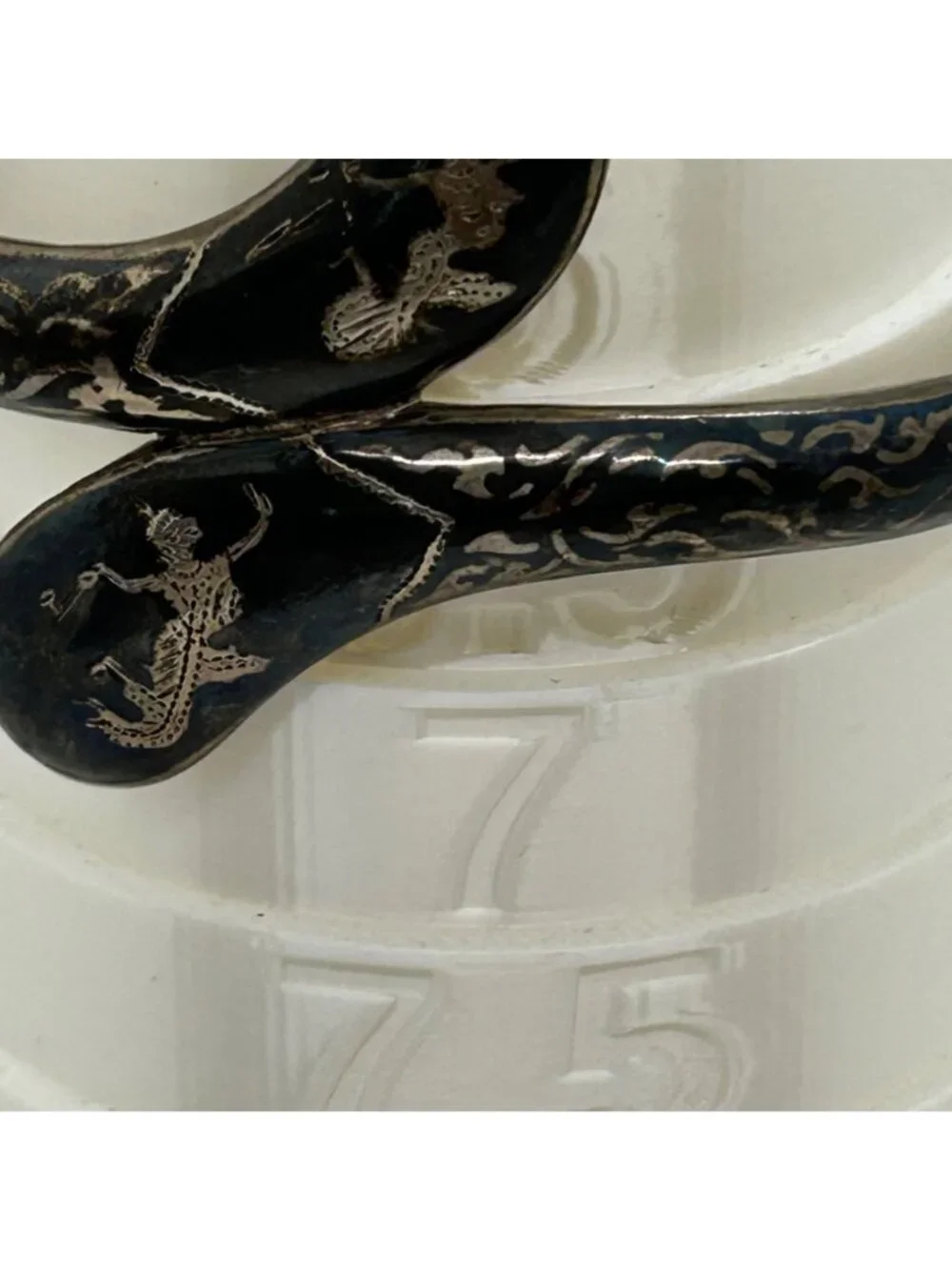 Vintage Siam Niello Bangle Bracelet Thai Black Enamel Hinged Chain Closure